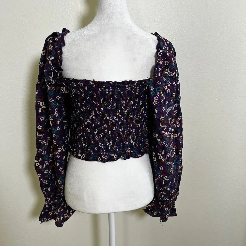 Band of the Free Smocked Floral Crop Top Purple Boho Prairie Festival NWT M